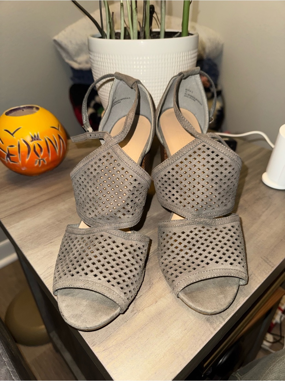 JustFab Grey Perforated Open-Toe Ankle Strap Heels